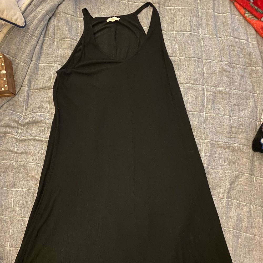 Black thin ribbed tshirt dress. Racer back. Knee length. Thin, worn twice.